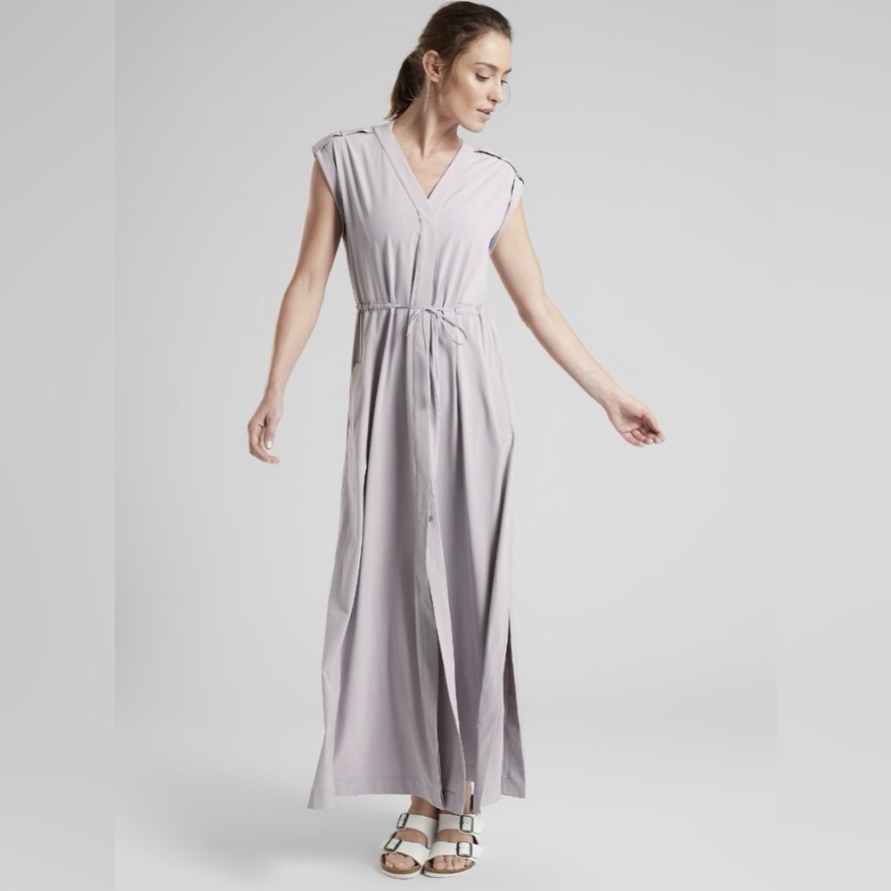 Athleta Mara Maxi Button Down Athleisure Travel Dress in wild raisin size large - Picture 3 of 16